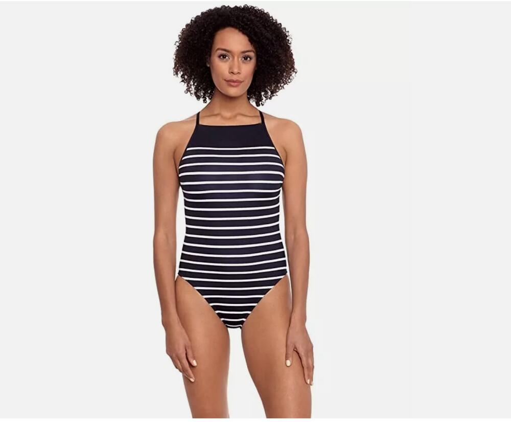 Lauren Ralph Lauren Black Stripe High Halter Neck One Piece Size 6
